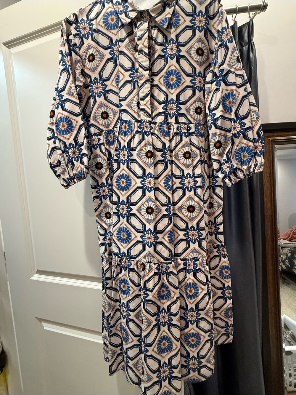 Maeve Blue and Cream Bettina Geometric Floral Midi Dress